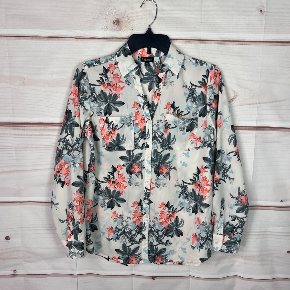 Talbots Top Women PM Multicolor Floral Shirt Button Up Nantucket Roll Tab Sleeve